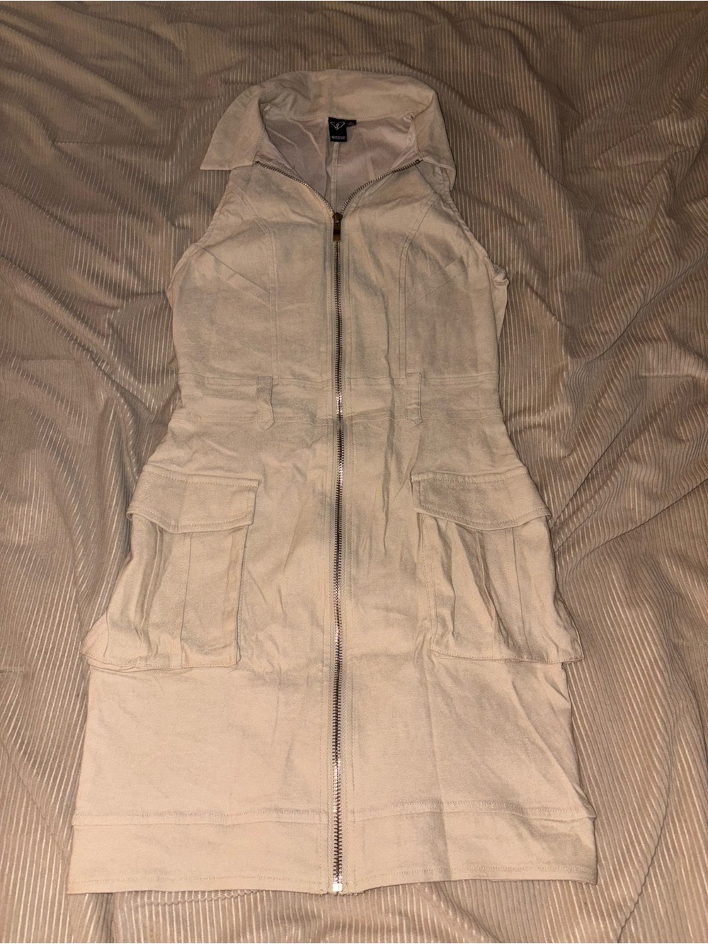 Windsor Sleeveless Utility Zip Dress Jacket in Light Beige